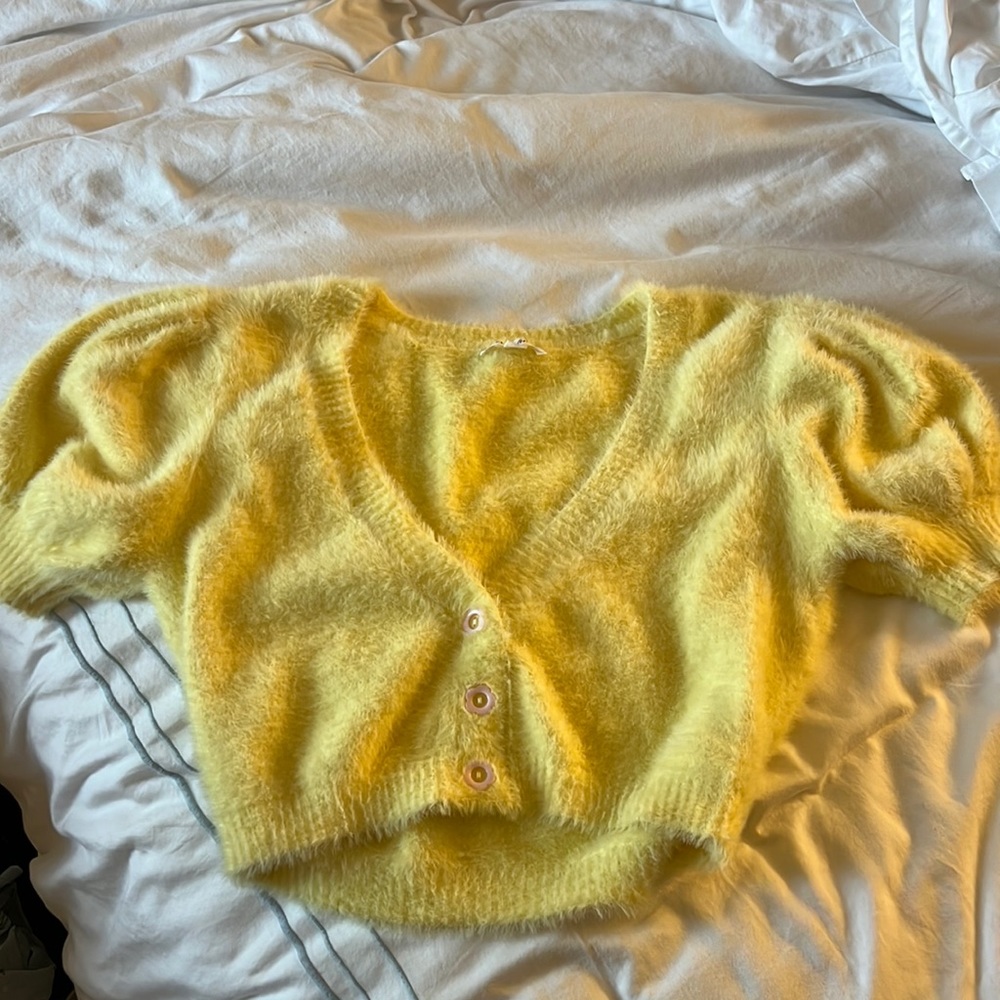 For Love and Lemons yellow cropped fluffy yellow top with pink flower buttons